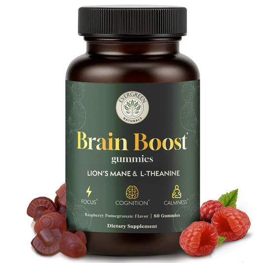 Evergreen Naturals Lion's Mane gummies in a jar boost focus and mental clarity.