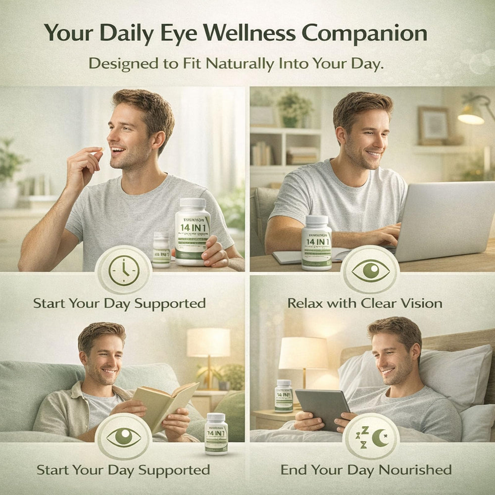 Evervision14 daily-use capsules beside morning coffee illustrate simple routines.