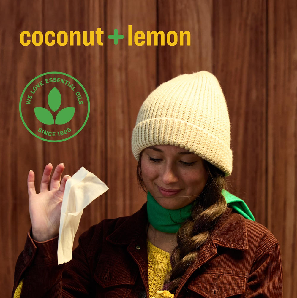 Everyone Hand Sanitizer Wipes coconut and lemon scent evokes tropical freshness.