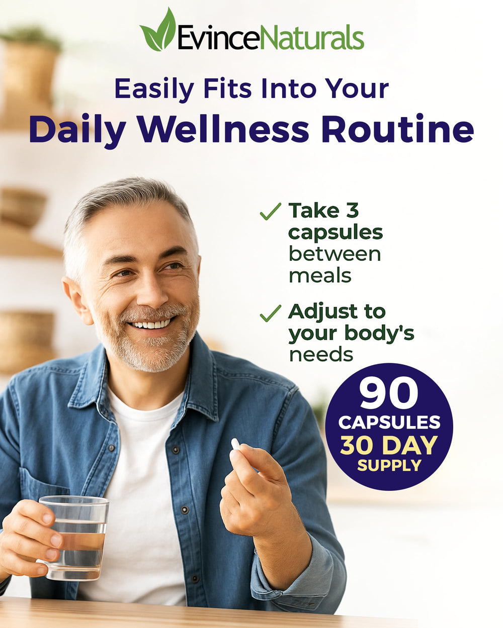 EvinceNaturals capsules laid out for a simple daily routine
