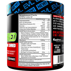 EVL ENGN Shred tub label close-up highlighting key blends for focus and endurance.