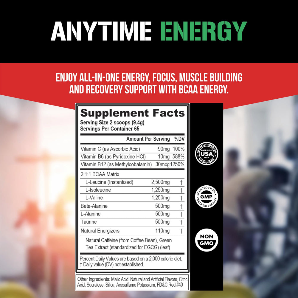 Label highlights taurine, green tea, and caffeine for energizing effects.