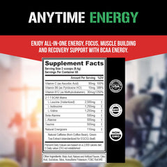 Label highlights taurine, green tea, and caffeine for energizing effects.