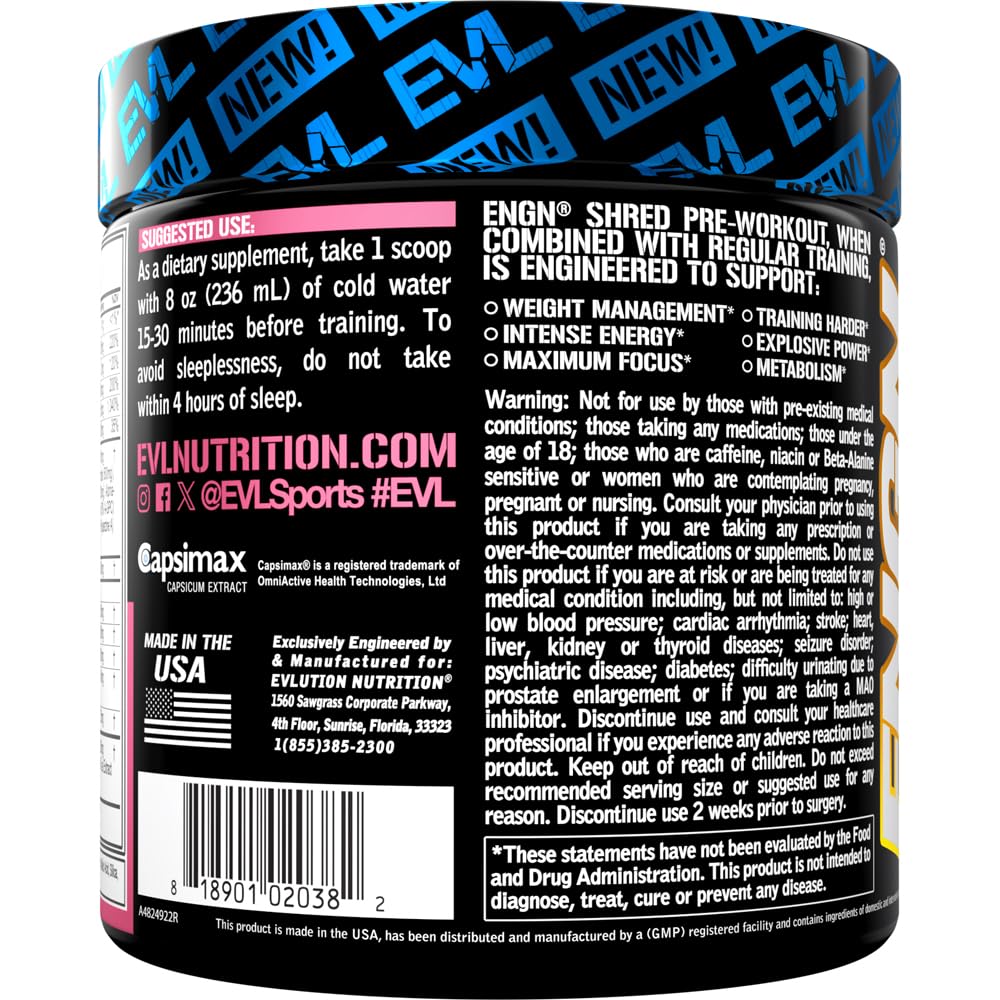 EVL ENGN Shred scoop and packaging on gym bench.
