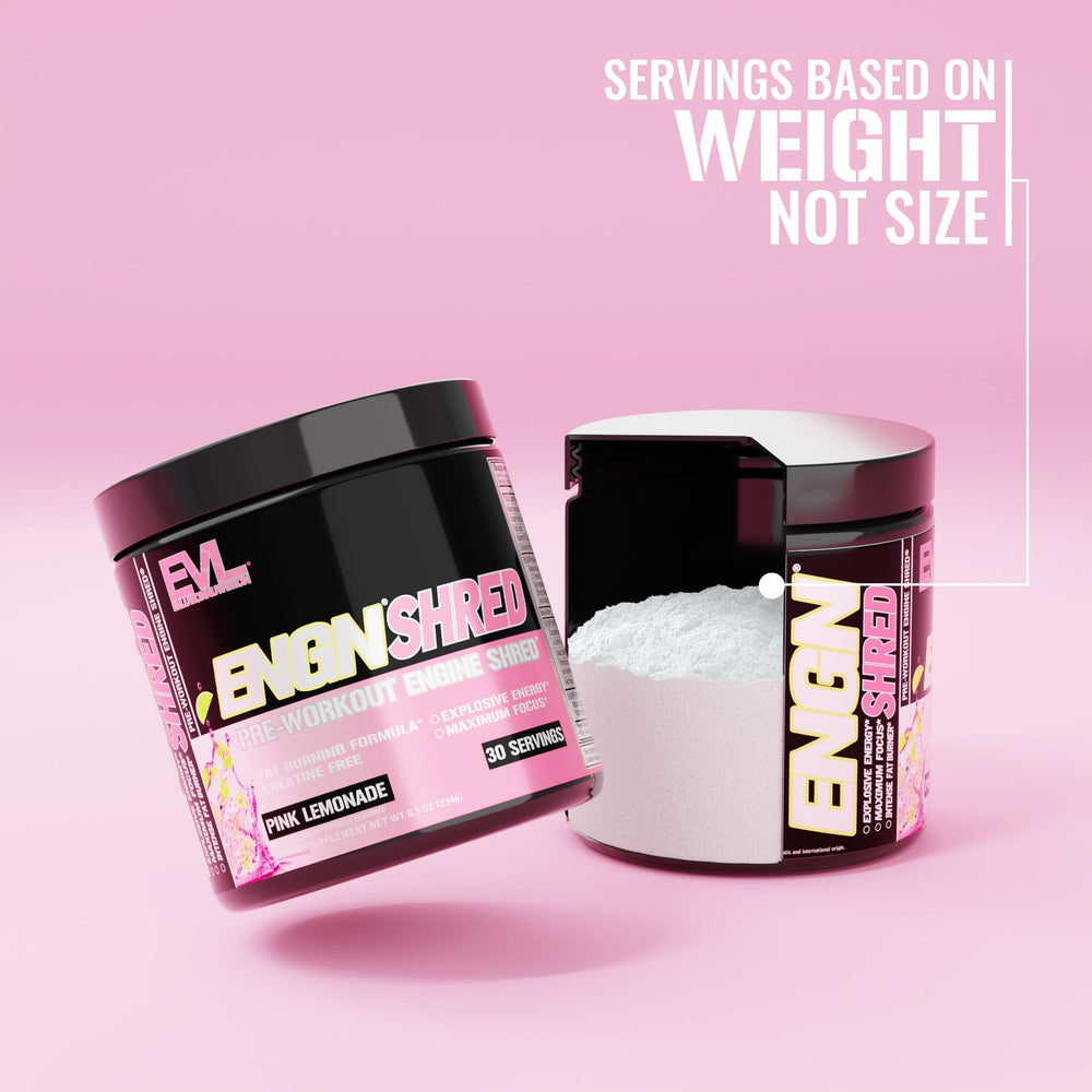EVL ENGN Shred bottle beside glass of pink lemonade fuels training.