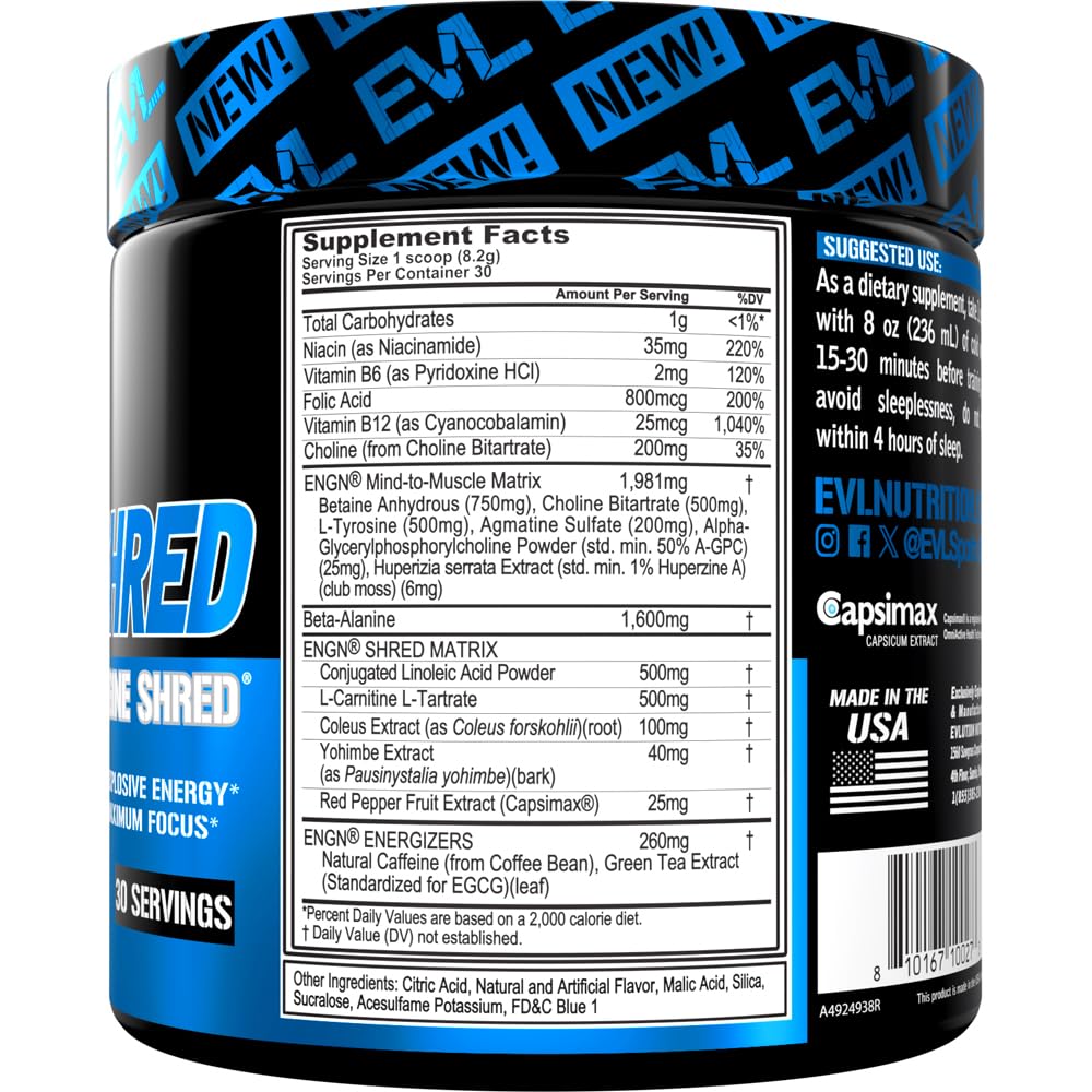 EVL Ultimate Pre Workout Blue Raz powder scoop ready for a quick energy boost.