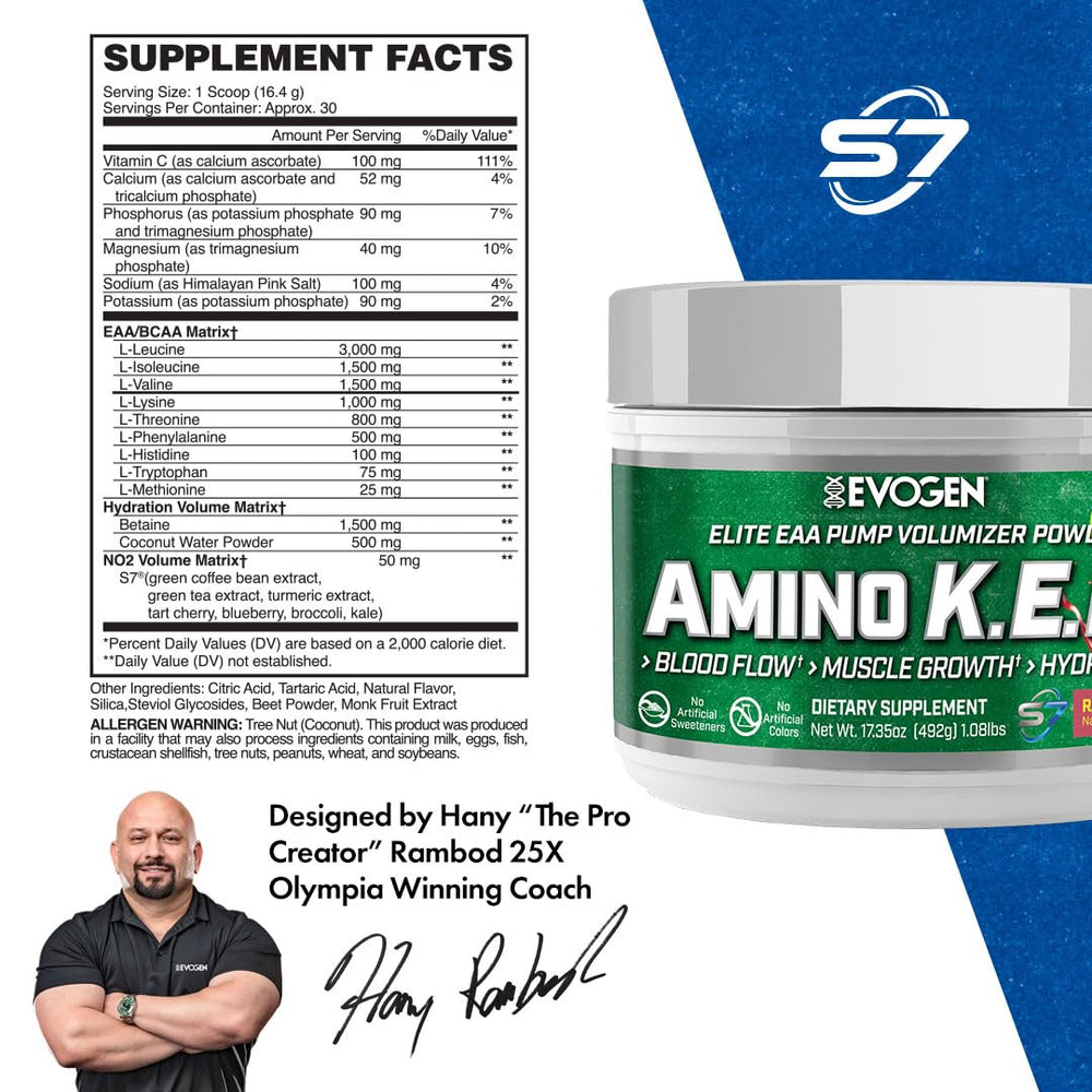 Evogen Amino K.E.M. bottle side view emphasizes full spectrum EAAs for recovery