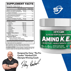 Evogen Amino K.E.M. bottle side view emphasizes full spectrum EAAs for recovery