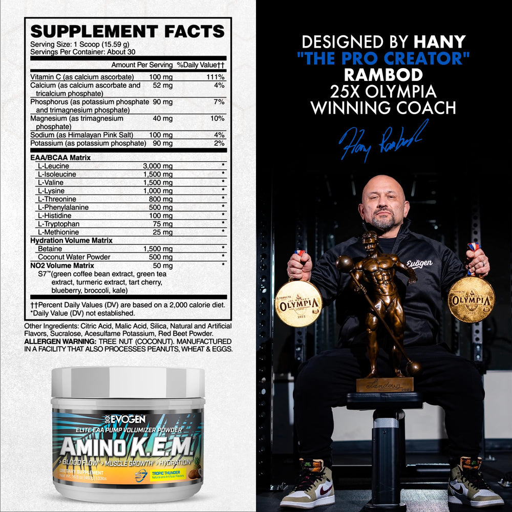 Evogen Amino K.E.M. label panel emphasizes S7 nitric oxide and BCAA blend.