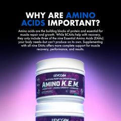 Evogen Amino K.E.M. nutrition label conveying purity and potency