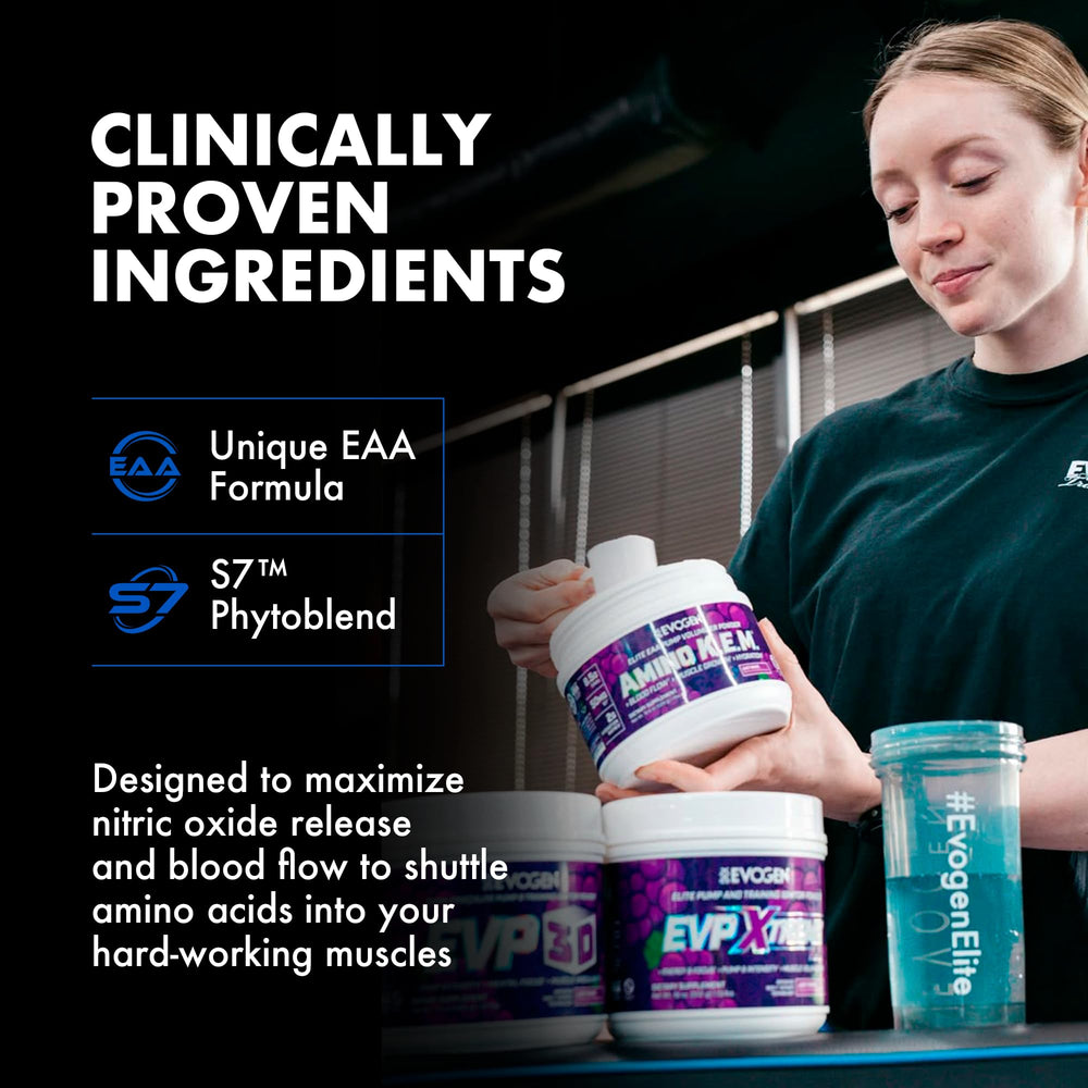 Evogen Amino K.E.M. S7 blend close-up featuring clean, potent ingredients
