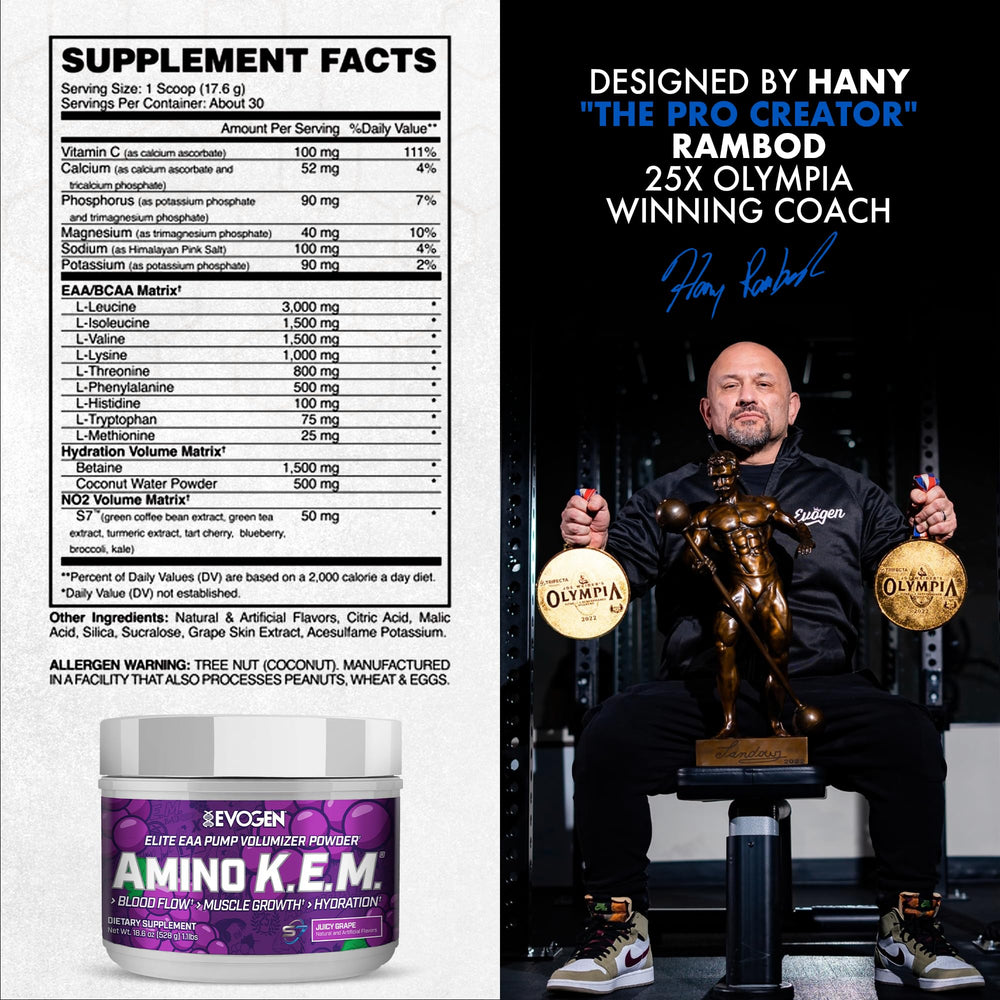 Evogen Amino K.E.M. scoop showing precise serving for muscle recovery