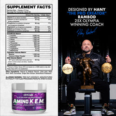 Evogen Amino K.E.M. scoop showing precise serving for muscle recovery