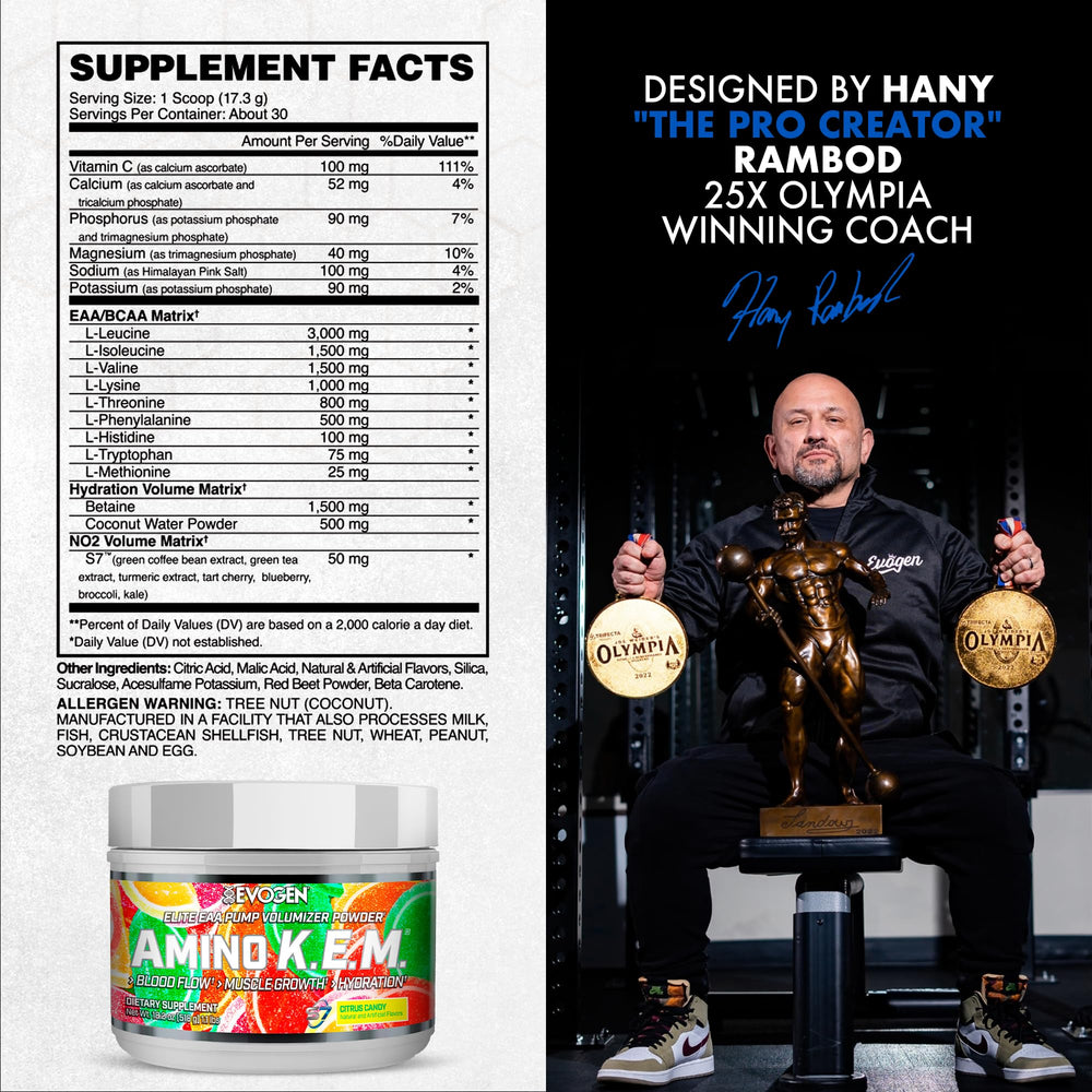 Evogen Amino K.E.M. scoop highlighting precise serving for consistent amino intake.