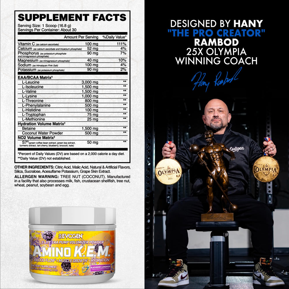 Evogen Amino K.E.M. label view highlights full amino blend