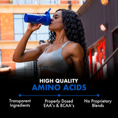 Evogen Amino K.E.M. powder-mix in glass promotes quick hydration during workouts.