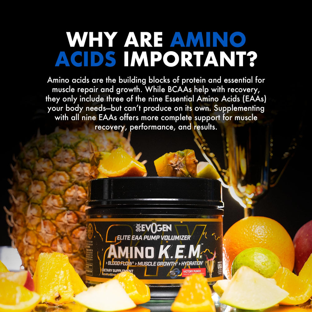 Evogen Amino K.E.M. preworkout-pump suggests enhanced pump potential.