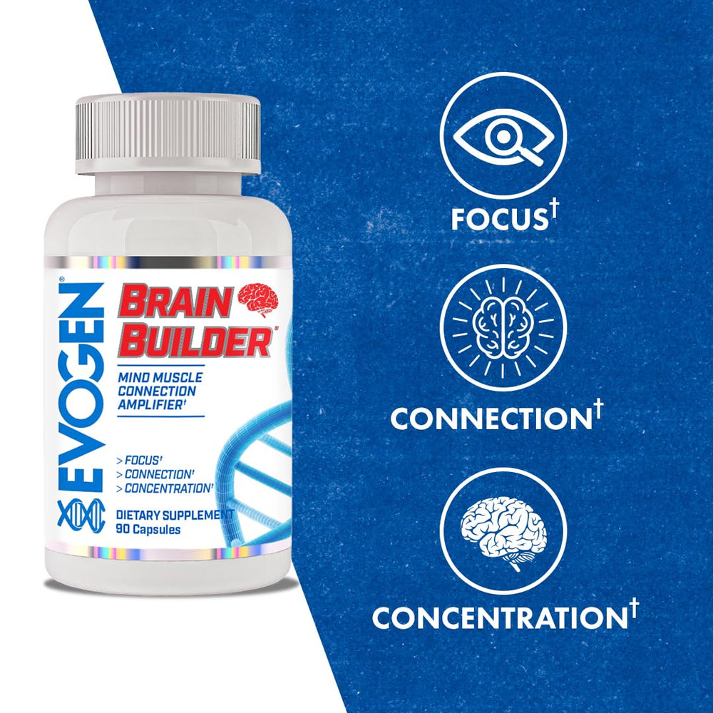 Evogen Brain Builder on a workout setup illustrating mind-muscle connection in action.