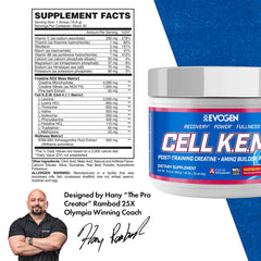 Scoop of Evogen Cell K.E.M. PR V2 showing creatine and amino matrix for strength.
