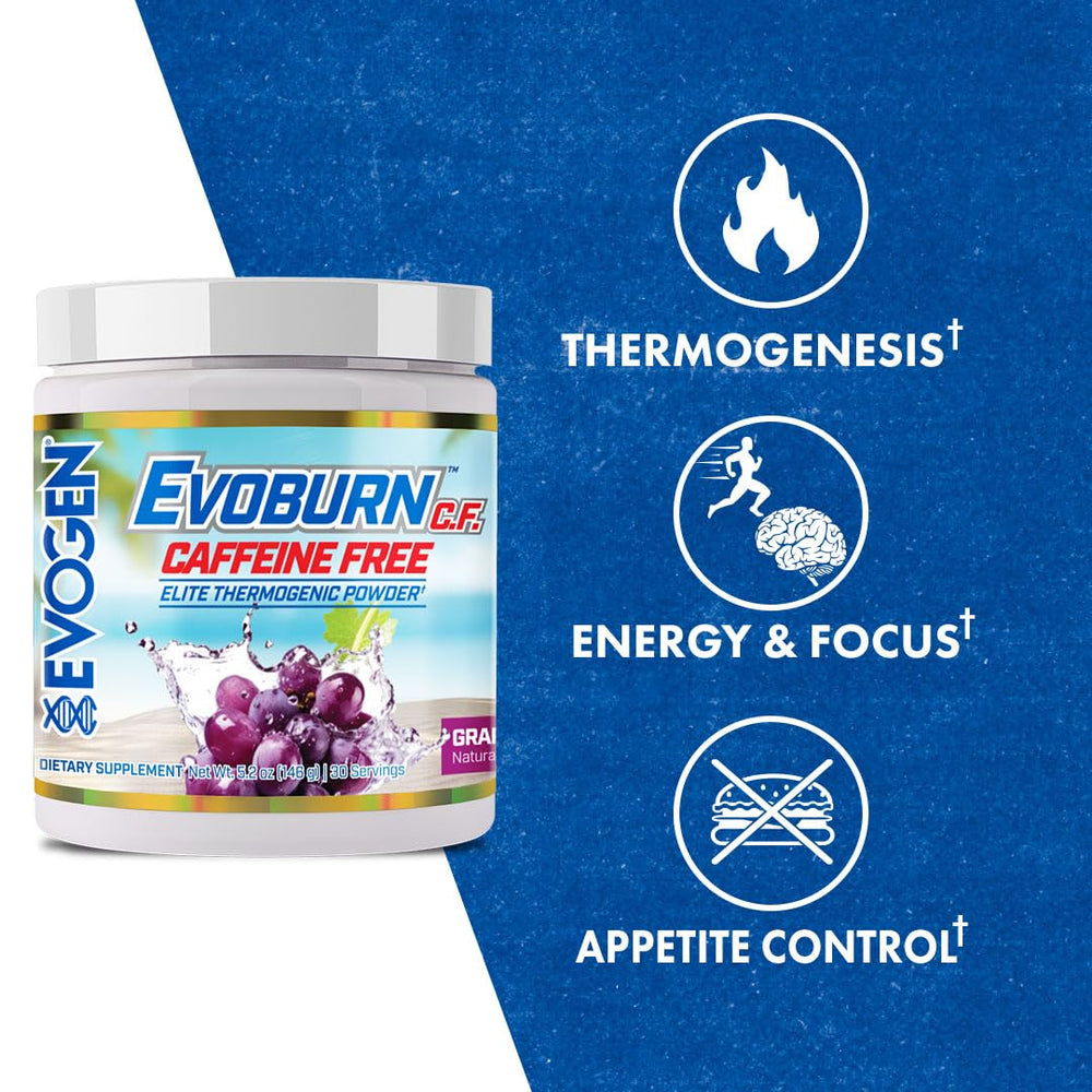 Evogen Evoburn caffeine-free grape blast scoop shows portable fat burner ingredients.