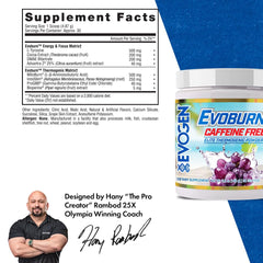Evogen Evoburn caffeine-free grape blast label highlights formula for metabolism support.