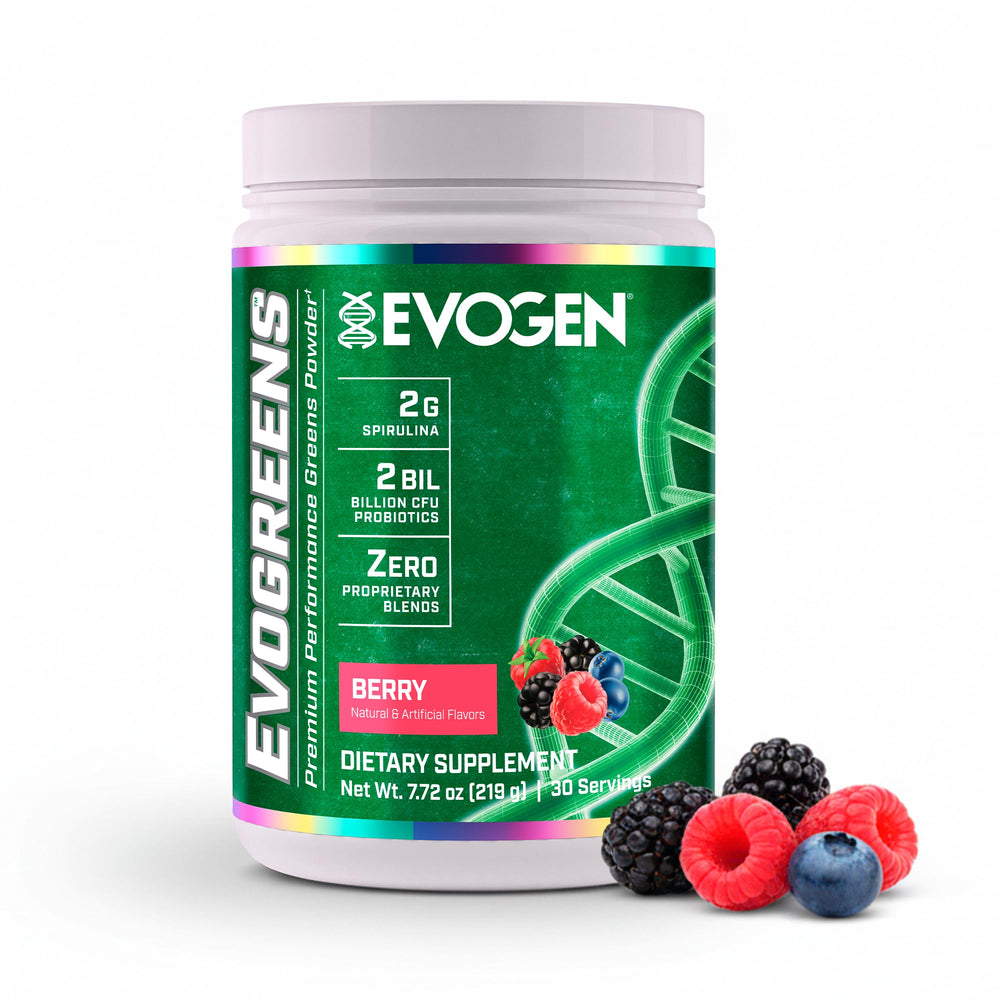 Evogen Evogreens berry bottle pour for easy daily greens boost