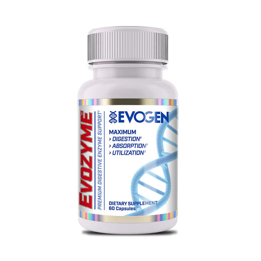 Evogen Evozyme bottle front view showcases premium digestive enzyme formula for daily digestion.