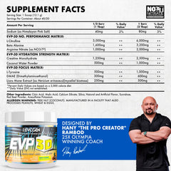 Evogen EVP 3D bottle back label close-up with ingredients and serving size.