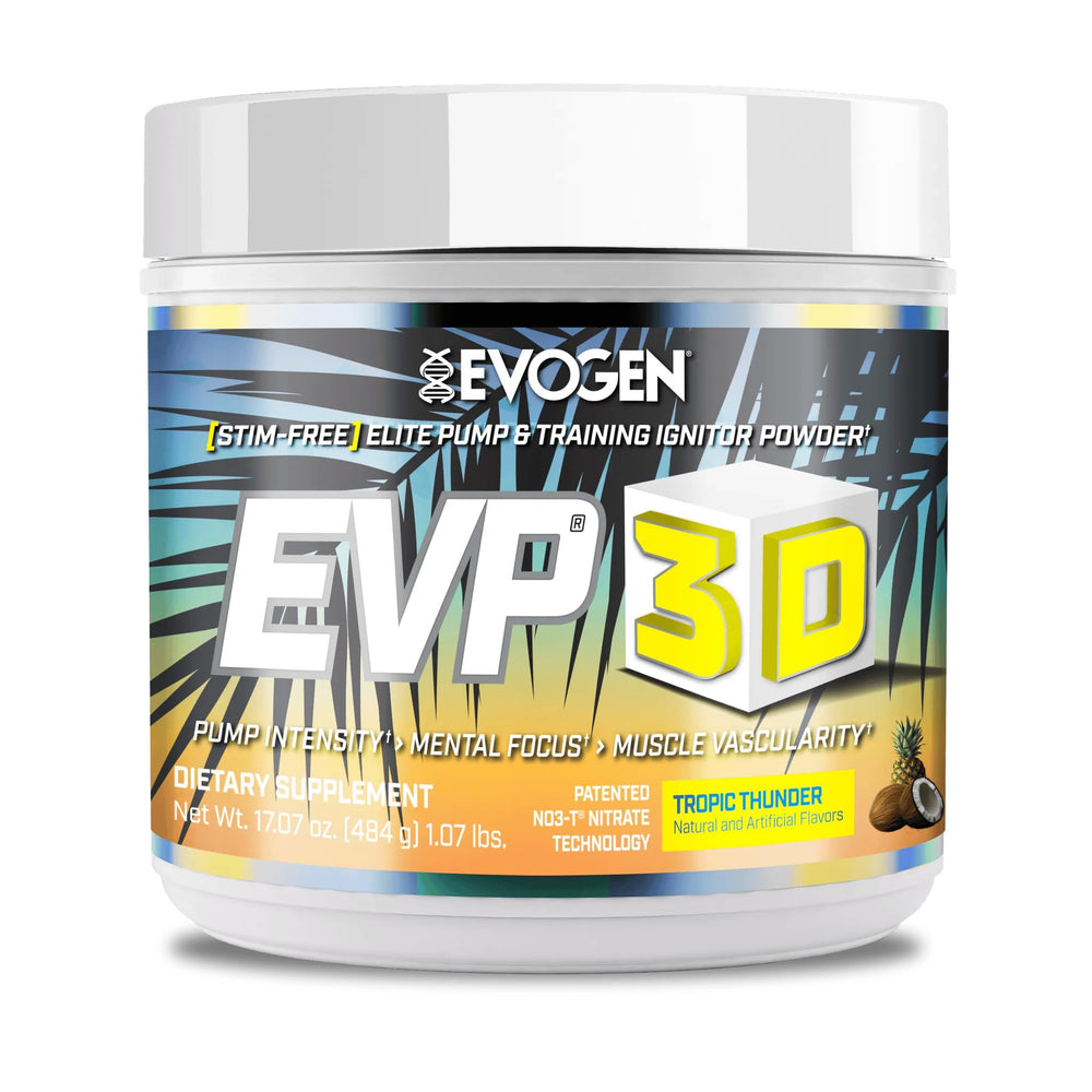 Evogen EVP 3D bottle front in Tropic Thunder flavor, non-stimulant pre-workout.