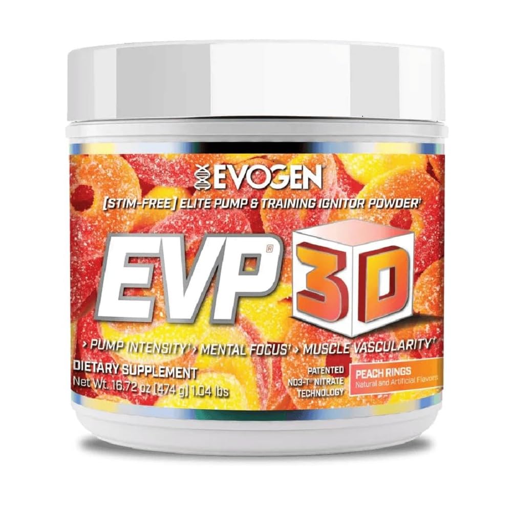 Evogen EVP-3D pump bottle showing Peach Rings formula for enhanced pre-workout vascularity.