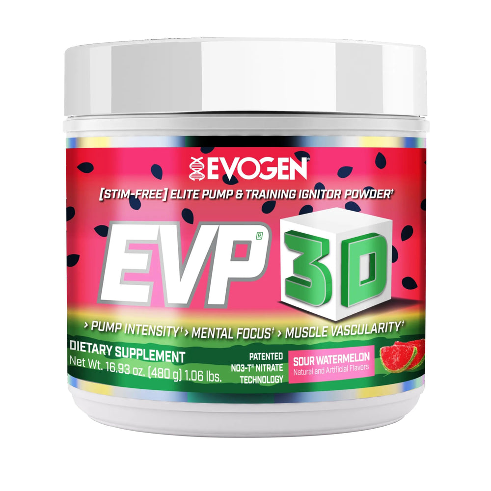 Evogen EVP 3D stimulant-free bottle on shelf shows sour watermelon flavor and clean energy.