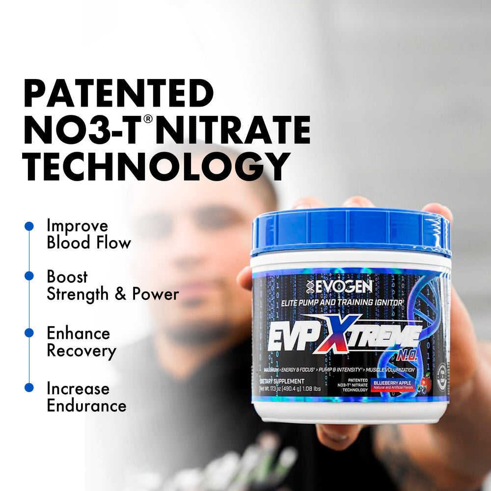 Close-up of Evogen EVP Xtreme NO label showing key ingredients.