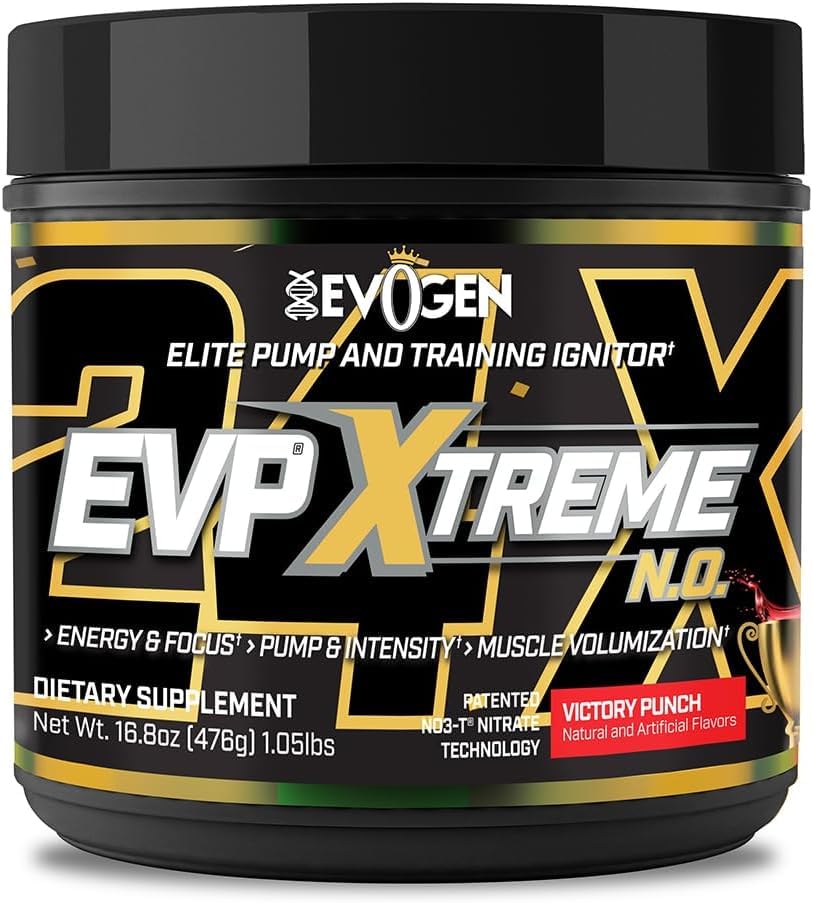 Evogen EVP Xtreme NO bottle with Victory Punch flavor, signaling clean energy and pump.