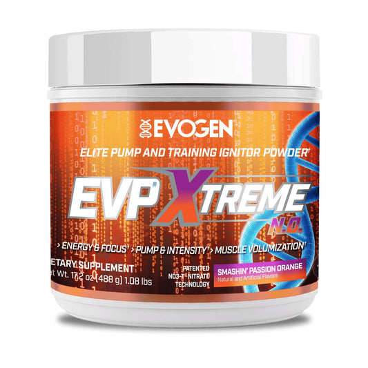 Evogen EVP Xtreme NO bottle highlights powerful pre-workout pump potential.