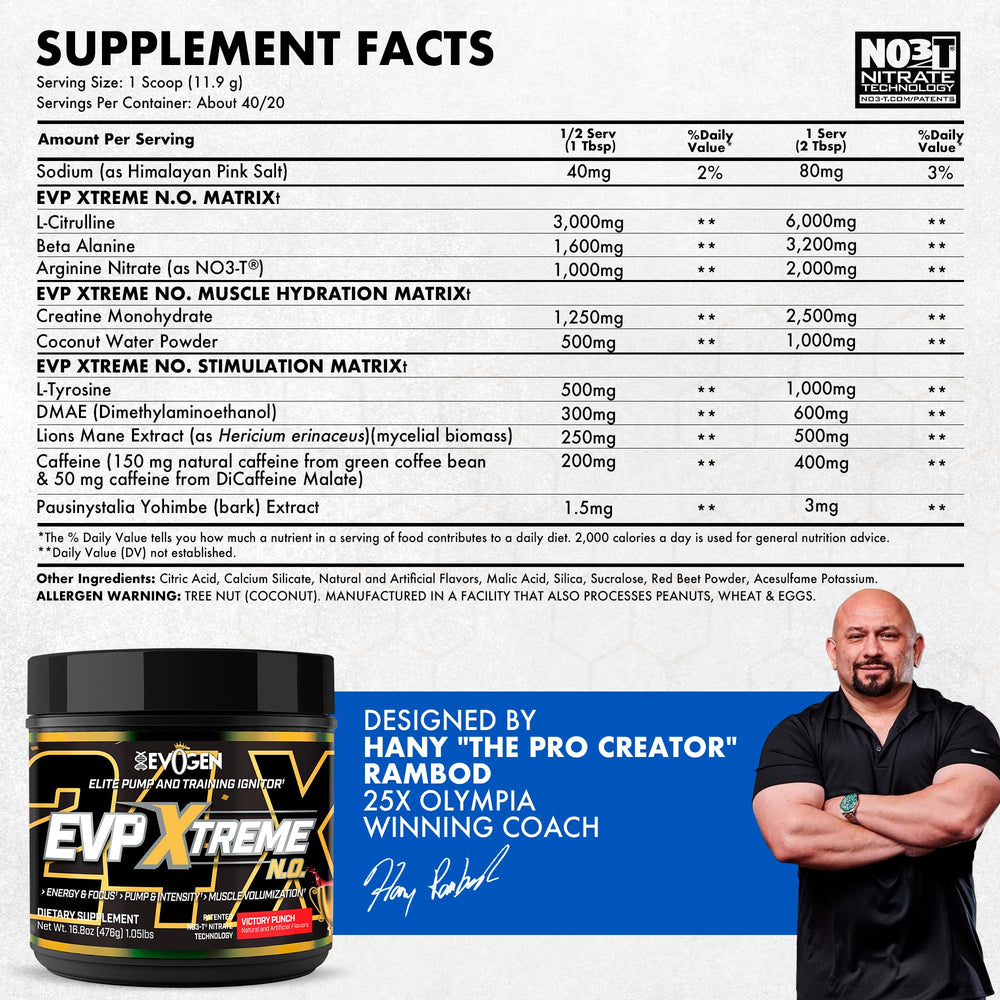 Evogen EVP Xtreme NO scoop beside powder for quick pre-workout mix.