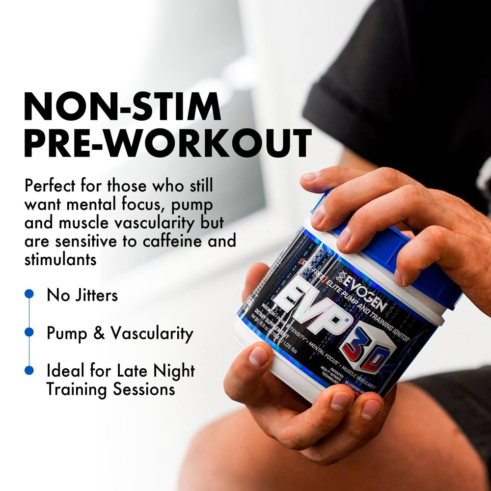 Evogen EVP3D bottle highlights arginine-nitrate NO3-T for enhanced blood flow during training.