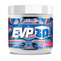 Evogen EVP3D front canister, stimulant-free pre-workout for focused training.