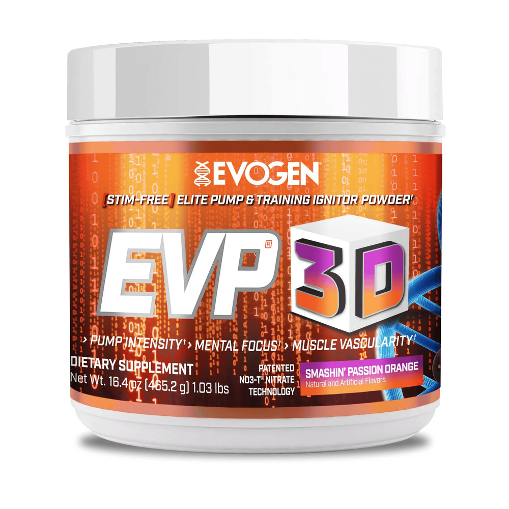 Evogen EVP 3D orange powder bottle, sugar-free pre-workout for focused training.