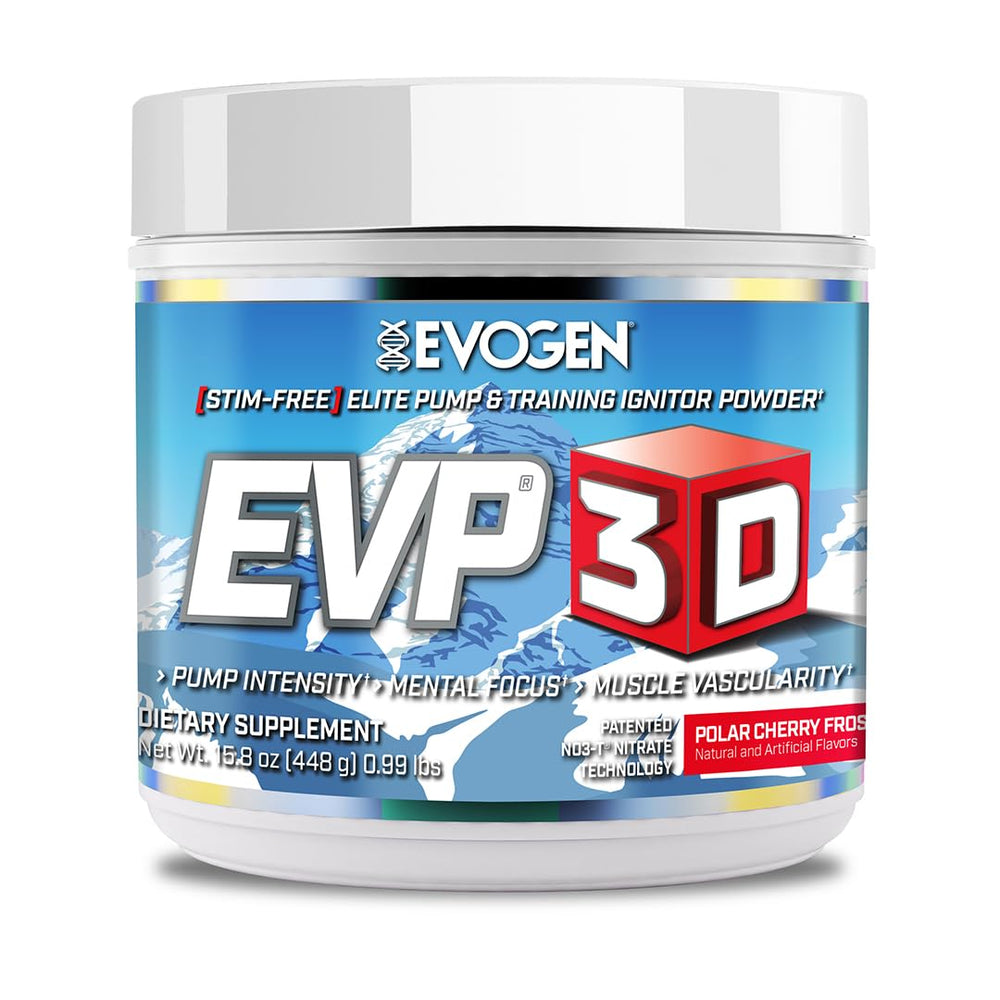 Evogen EVP 3D canister front view highlighting stimulant-free pre-workout option