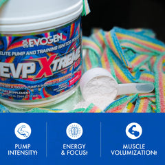 Evogen EVP Xtreme NO bottle half-full showing serving guidance.