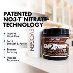 Evogen EVP Xtreme NO canister close-up with premium labeling and design.