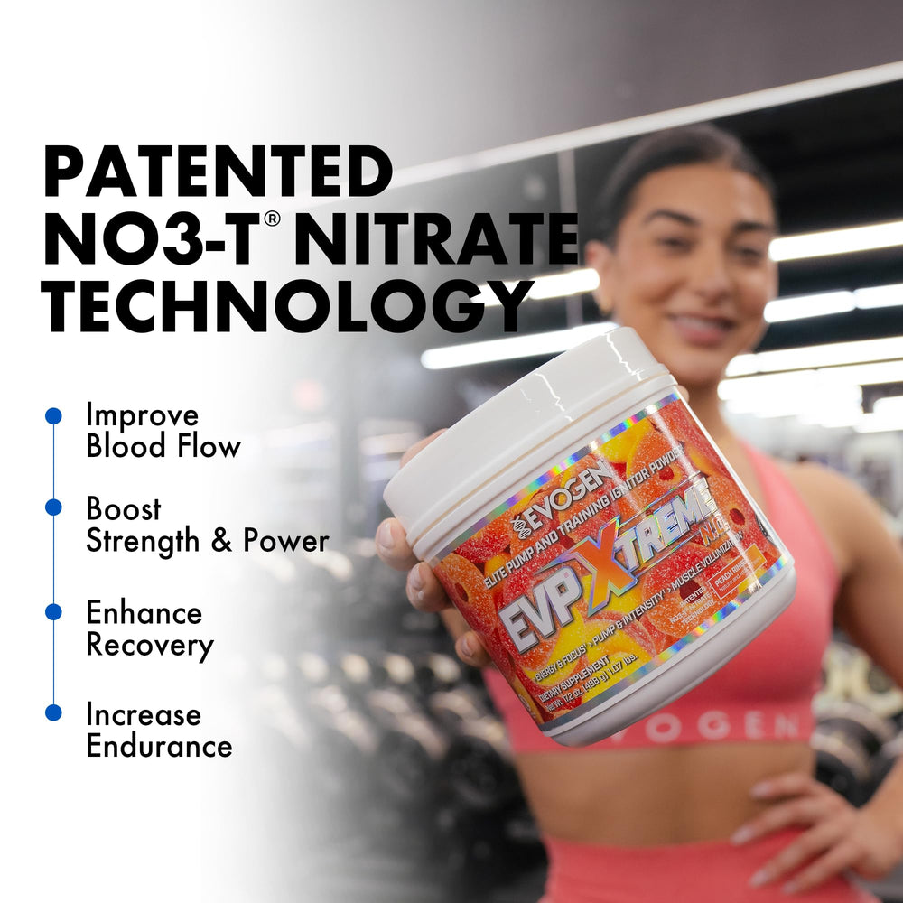 Evogen EVP Xtreme NO Peach Rings label on bottle, conveying flavor and high-performance formula.