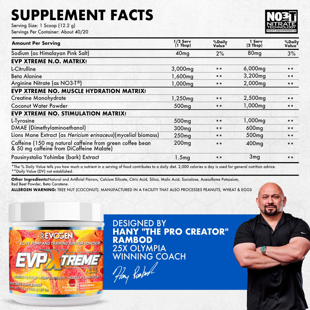 Evogen EVP Xtreme NO scoop dispensing powder for quick pre-workout dosing.