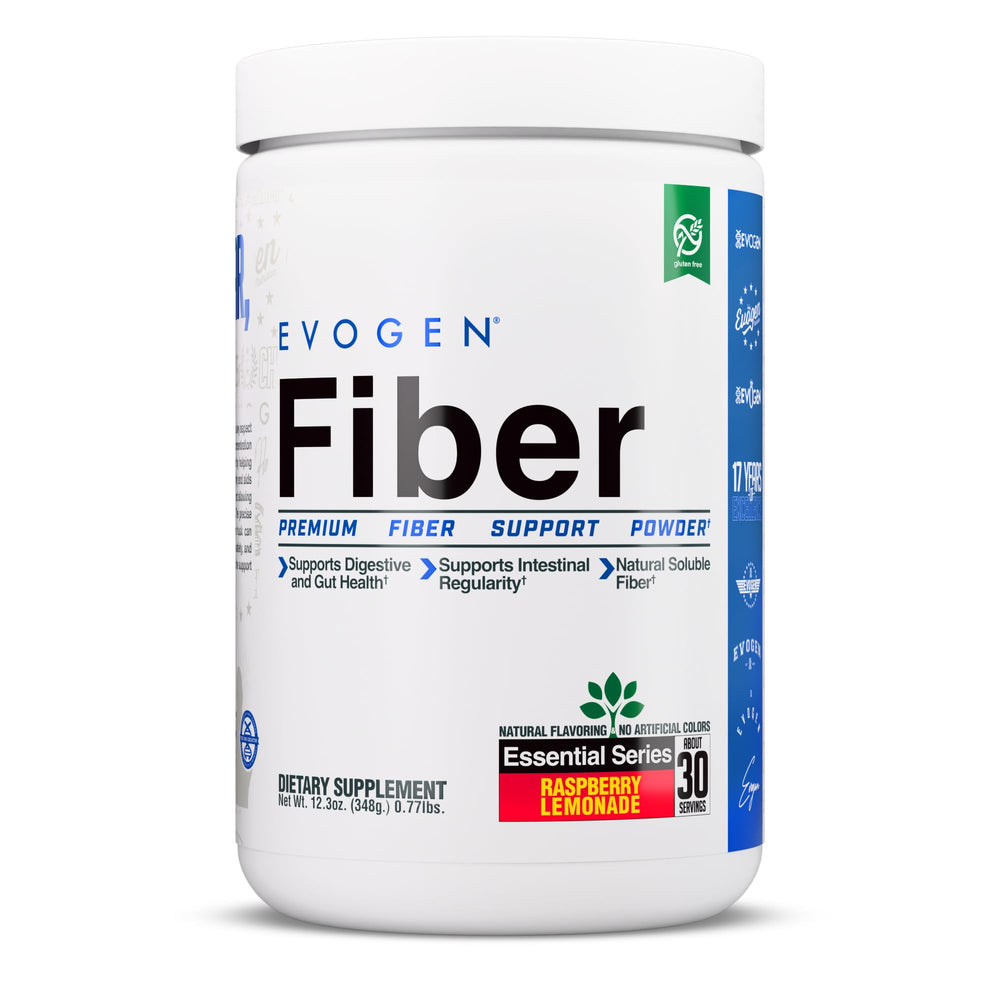 Evogen Fiber tub label with raspberry lemonade flavor for daily gut health support.