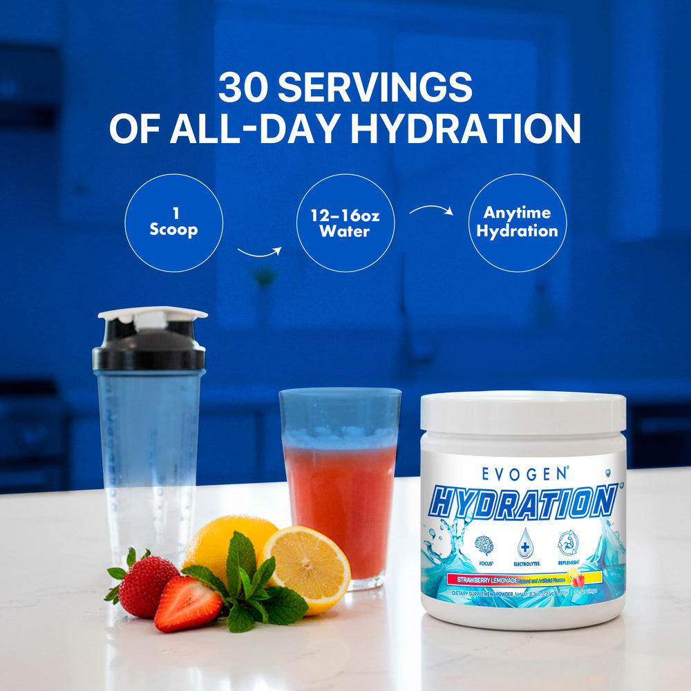 Glass of prepared Evogen Hydration strawberry lemonade drink.