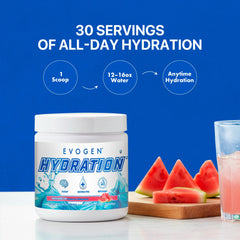 Evogen Hydration glass with mixed powder suggests refreshing hydration during training.