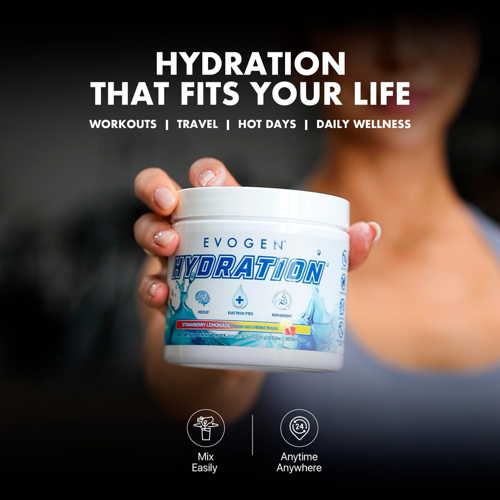 Travel-ready Evogen Hydration bottle in a gym bag.