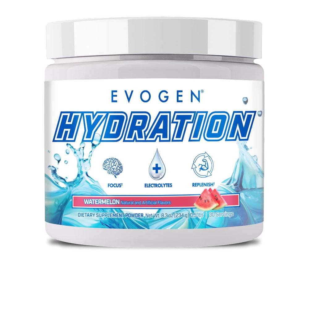 Evogen Hydration Watermelon powder bottle for quick, tasty hydration on workouts.