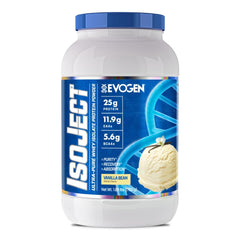 Evogen Isoject vanilla bean bottle highlighting ultra-pure whey protein isolate for clean shakes.