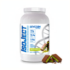 Evogen Isoject Dubai chocolate jar showing premium whey isolate for post-workout recovery